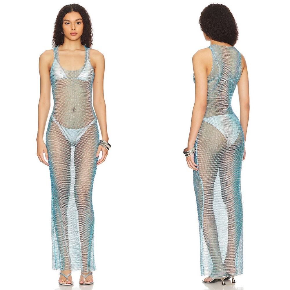 Beach Bunny Payton Maxi Dress OS Ocean Blue Resort Wear Sheer Swim Cover Up